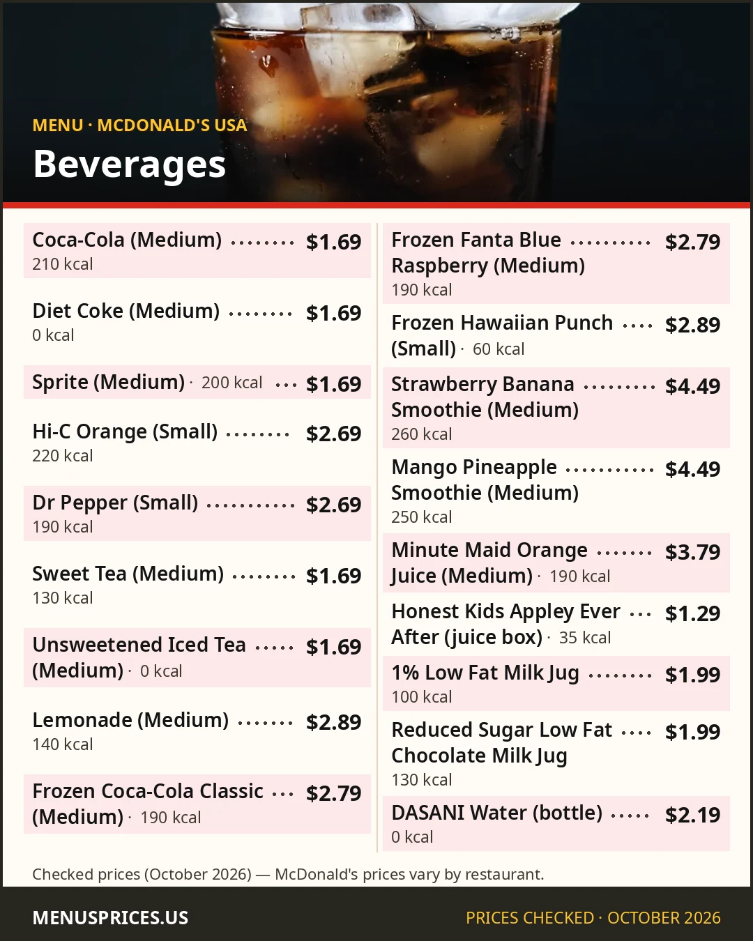 McDonald's drinks menu card with prices and calories for Coca-Cola, sweet tea, lemonade, frozen drinks and smoothies