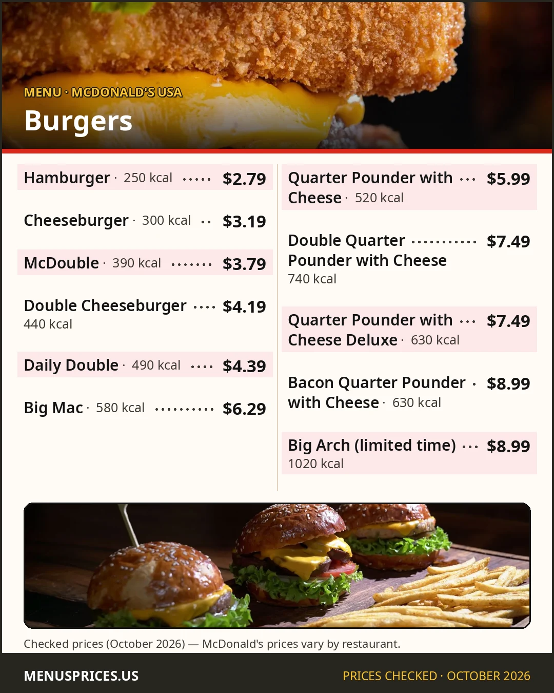 McDonald's burgers menu card with prices and calories for Big Mac, Quarter Pounder with Cheese and McDouble