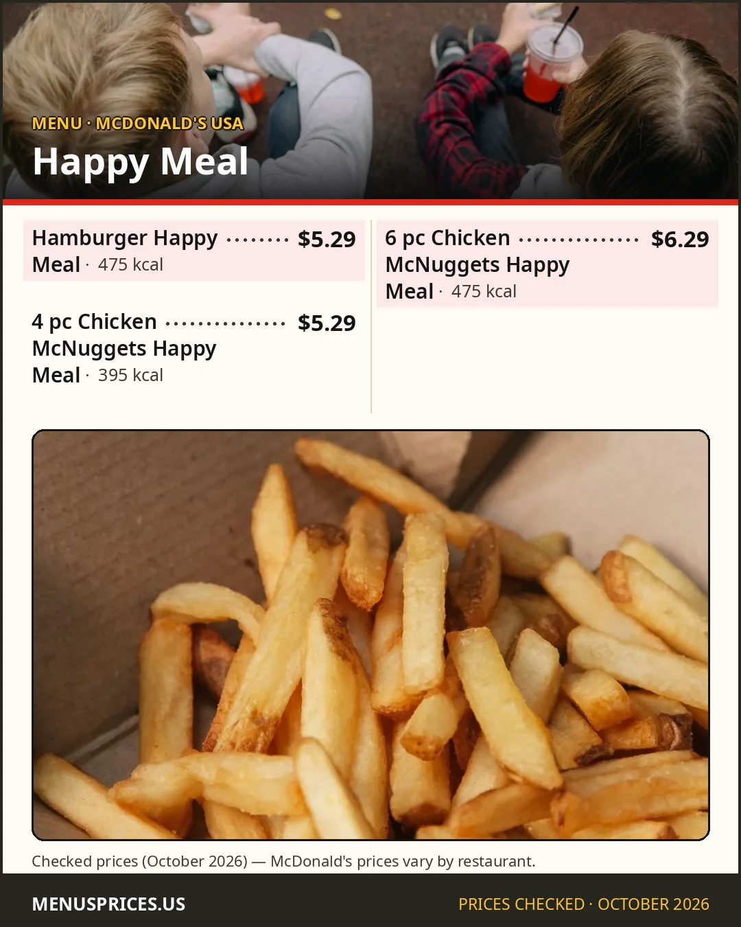 McDonald's Happy Meal menu card with prices and calories for the Hamburger and Chicken McNuggets Happy Meals
