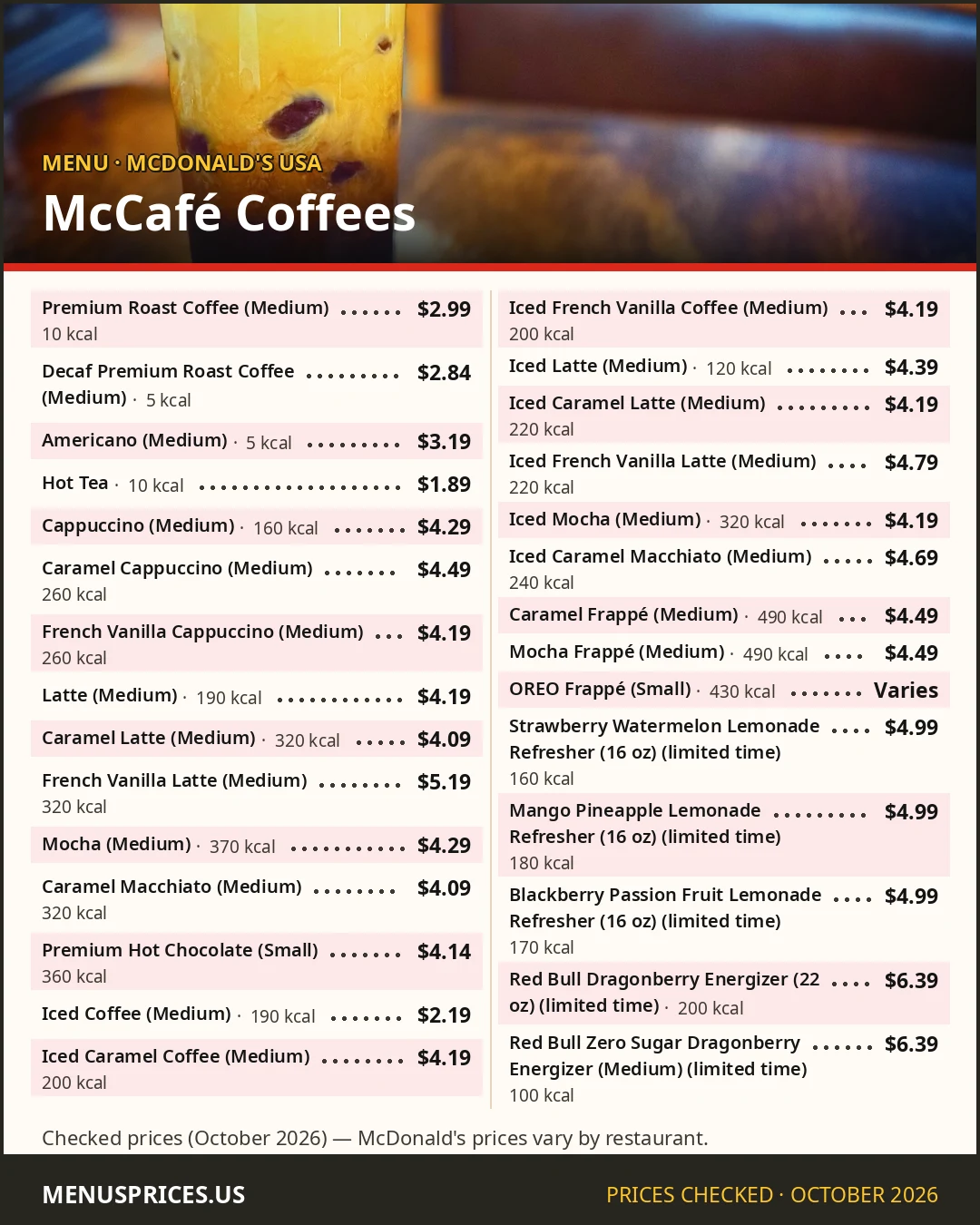 McDonald's McCafé menu card with prices and calories for Premium Roast Coffee, Iced Coffee, lattes and Frappés