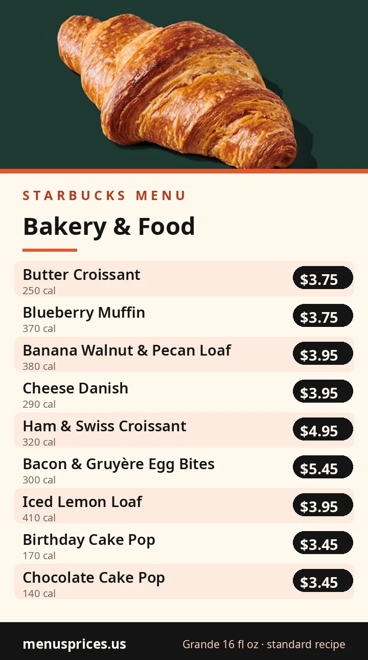 Starbucks bakery and food menu card with prices for Butter Croissant, Blueberry Muffin, Cheese Danish and Egg Bites
