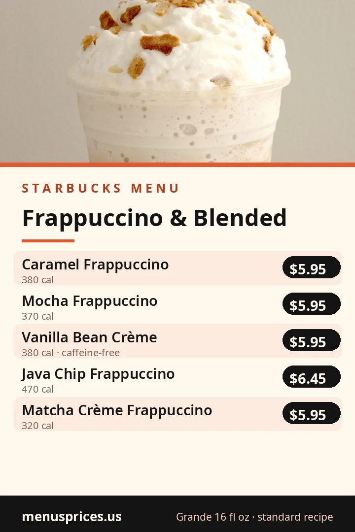 Starbucks Frappuccino menu card with prices for Caramel, Mocha, Java Chip and Matcha Crème Frappuccino