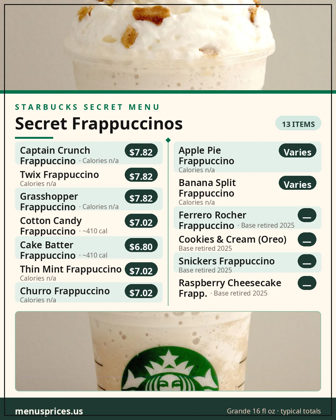 Starbucks secret Frappuccinos card with typical prices for Captain Crunch, Twix, Grasshopper, Cotton Candy and Cake Batter Frappuccino