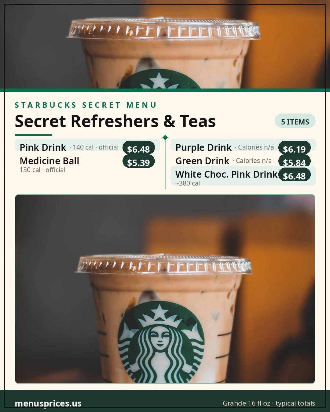 Starbucks secret Refreshers and teas card with typical prices for the Purple Drink, Green Drink and White Chocolate Pink Drink