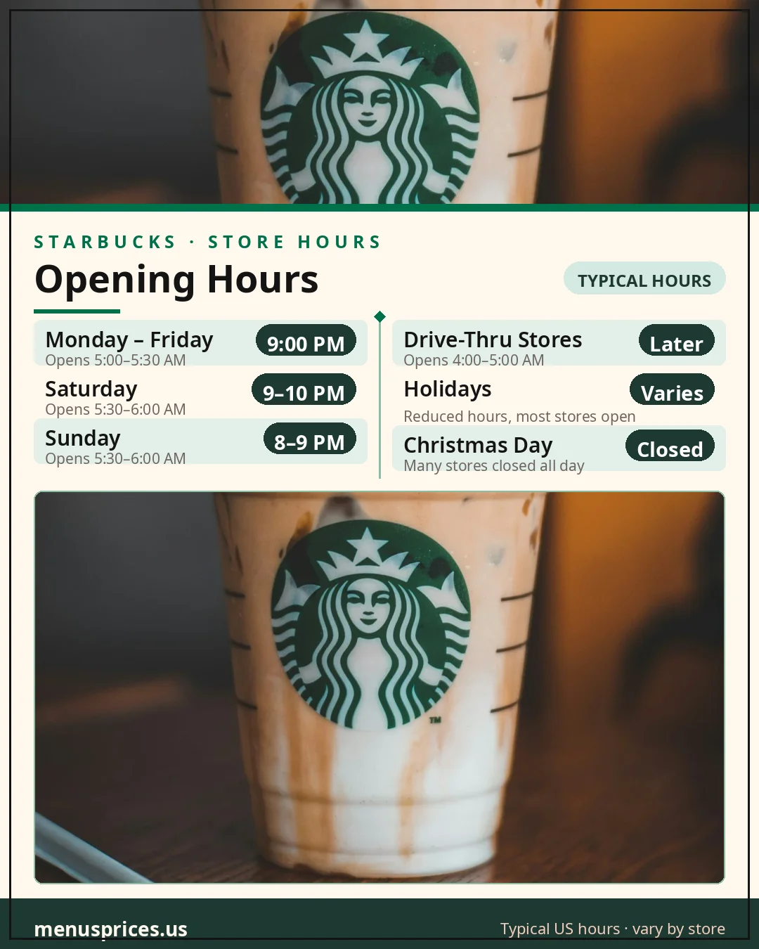 Starbucks opening hours card with typical US opening and closing times for weekdays, weekends, drive-thru stores and holidays